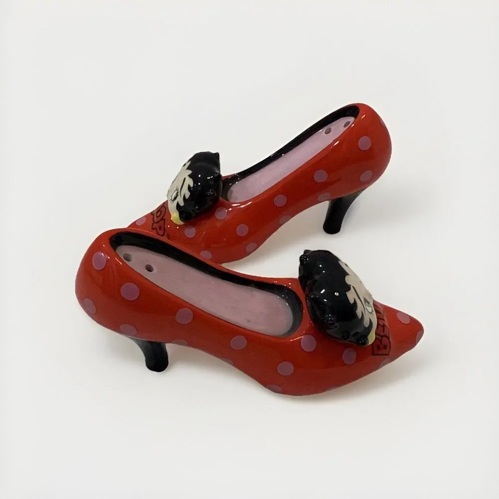👠 Betty Boop High Heel Shoe Salt & Pepper Shakers 💋 Red Polka Dot Ceramic 5”